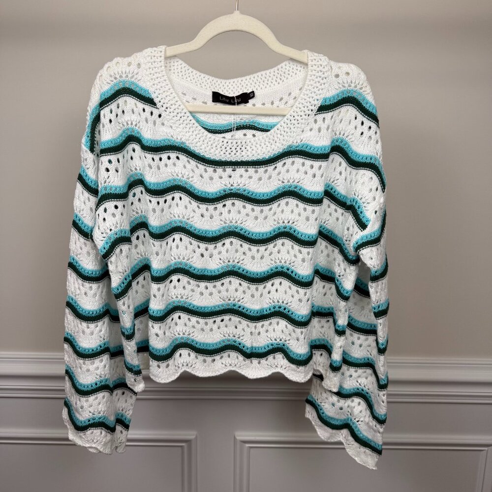 LiLu LiLu - Size 10, White Striped Sweater with Crocheted Design